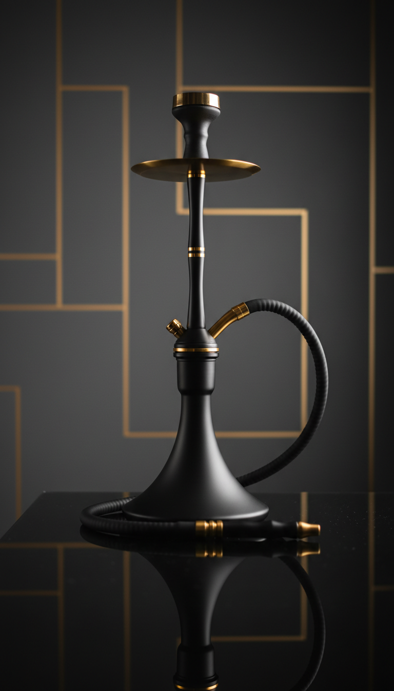 A luxurious, matte black shisha pipe standing majestically on a reflective dark glass tabletop, accented with elegant golden details and a braided, jet-black hose. The background features a minimalist, deep charcoal wall with faint golden geometric lines, creating an exclusive and urban atmosphere reminiscent of Brooklyn nightlife. Sharp directional lighting from the side casts crisp, dramatic shadows across the surface and reveals glints on the gold elements, emphasizing texture and quality. The bold mood is modern and high-end, with the composition shot at an eye-level angle and a shallow depth of field to focus attention fully on the shisha. Photographic realism and minimalist aesthetics combine to present an iconic visual that speaks directly to the stylish, urban vibe of the location.