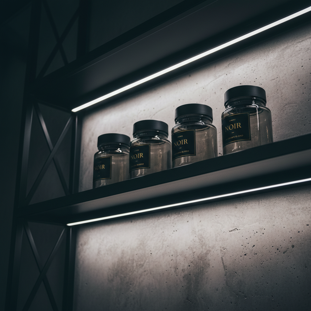 A curated arrangement of premium shisha tobacco jars in smoked glass with matte black lids, each accented by minimalist gold labeling, lined up on a sleek, blackened steel shelf. The setting is a moody alcove with a concrete accent wall, all surfaces bathed in strong, angled illumination from hidden LED strips. This lighting sculpts sharp highlights along the jars and crisp points of shadow below, evoking a sense of high-end urban exclusivity. The vibe is modern, bold, and distinctly Brooklyn, captured from a low-angle shot that magnifies the presence of the products. The composition features strong geometric lines and a pronounced sense of depth, employing photographic realism with an editorial, striking finish.