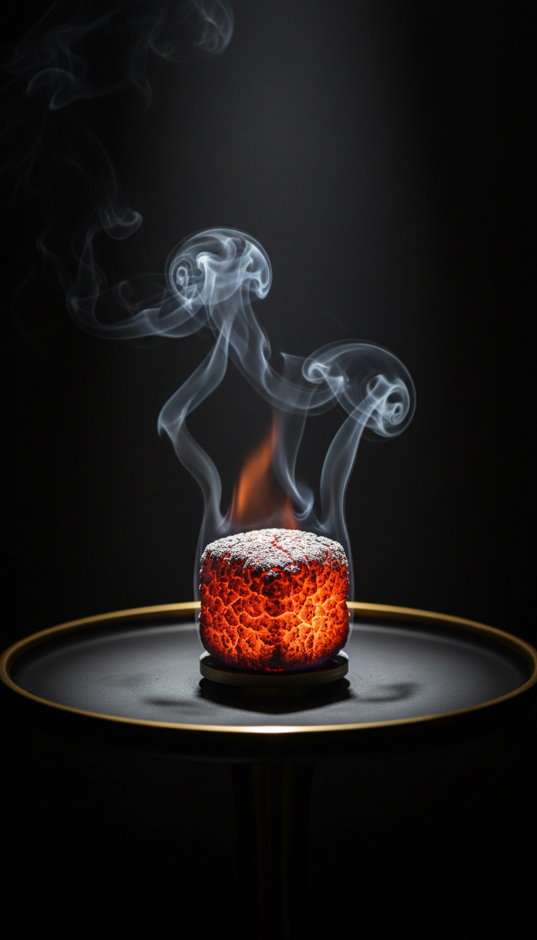 An abstract close-up of a shisha coal, glowing intensely atop a gold-rimmed matte charcoal tray. Wisps of aromatic smoke curl dynamically against a pitch-dark, unobtrusive background, while a single powerful spotlight from above creates dramatic highlights on the glowing ember and razor-sharp shadows beneath the tray. The scene feels bold, intimate, and mesmerizing, evoking late-night intrigue. The tight, macro-level composition and photographic clarity highlight every texture—from the ember’s intricate surface to the delicate swirl of smoke—aligning perfectly with the site's high-impact, urban luxury brand.