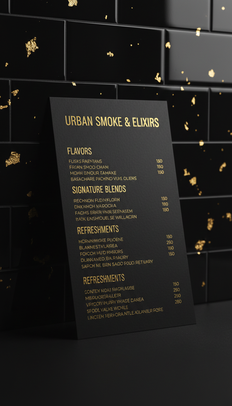A modern shisha menu display card in matte black cardstock with embossed golden lettering, propped elegantly against a glossy black subway tile wall. The card’s surface catches strategic slashes of cool, directional spotlighting that makes the metallic text gleam and throws a crisp shadow behind it. Subtle gold flecks on the tiles reference Brooklyn street art culture, while the overall environment remains uncluttered and upscale. The mood is confident and exclusive, with a minimalist composition centered at eye-level. Photographic realism amplifies the sense of quality and sophistication, perfectly embodying the bold, urban shisha experience offered by the bar.